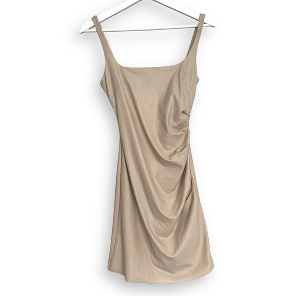 Bec + Bridge Mini Dress Vegan Leather Ruched Tuck Neutral Tan - Picture 5 of 16